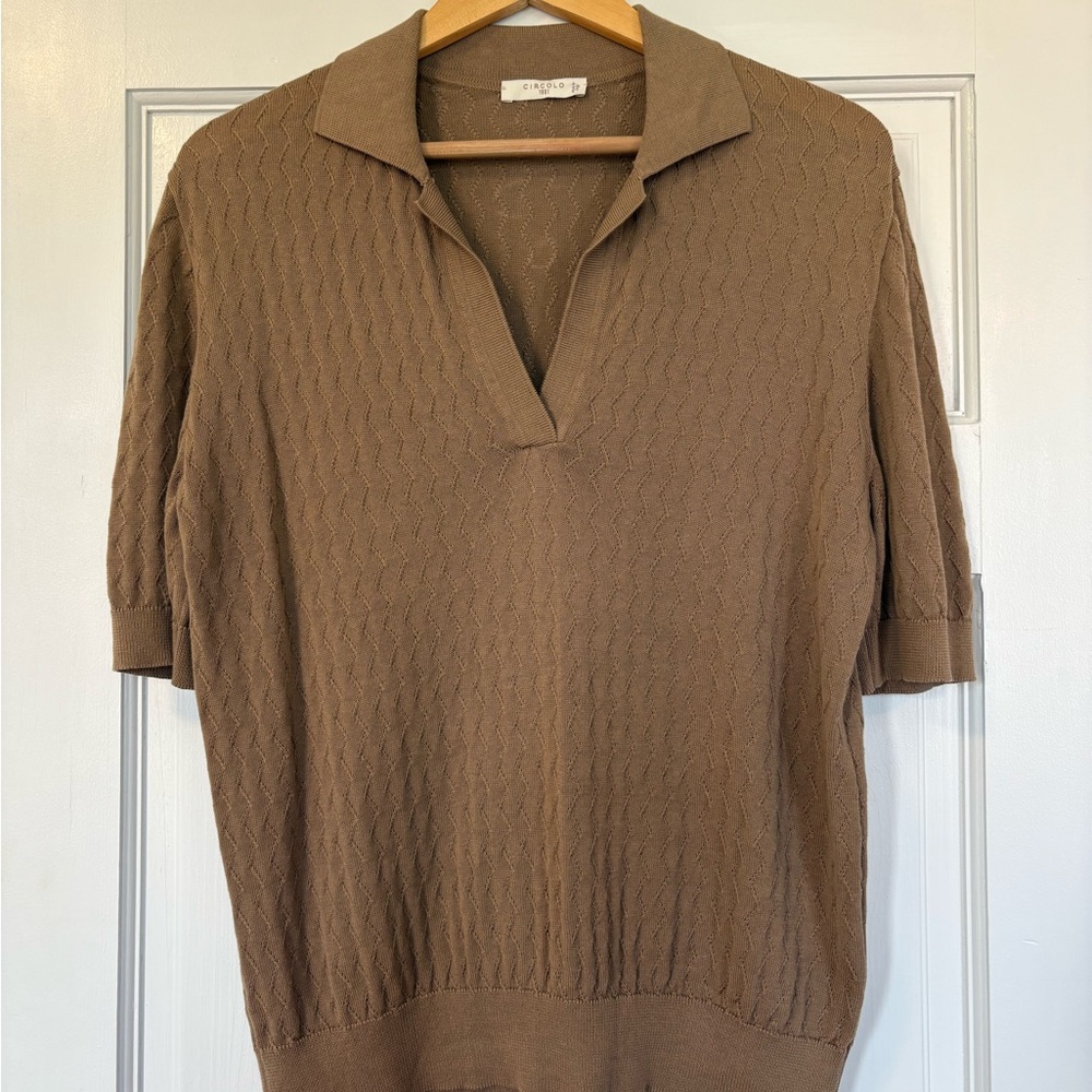 Men's Fine Italian Knit Brown Polo Short Sleeve Sweater Shirt